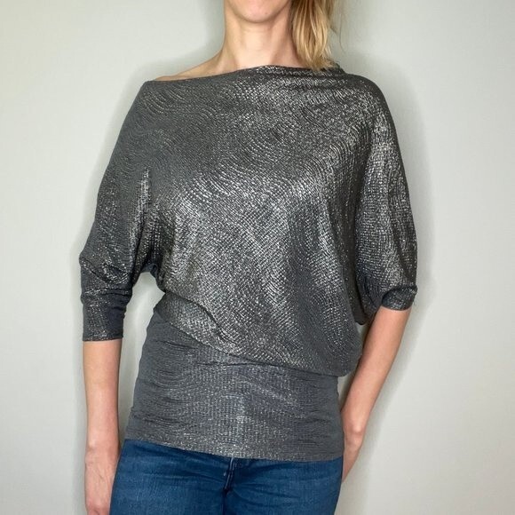 Loila Asymmetrical Sexy Glittery Blouse Top Shirt Gunmetal Gray S SM Small Light - Picture 1 of 11